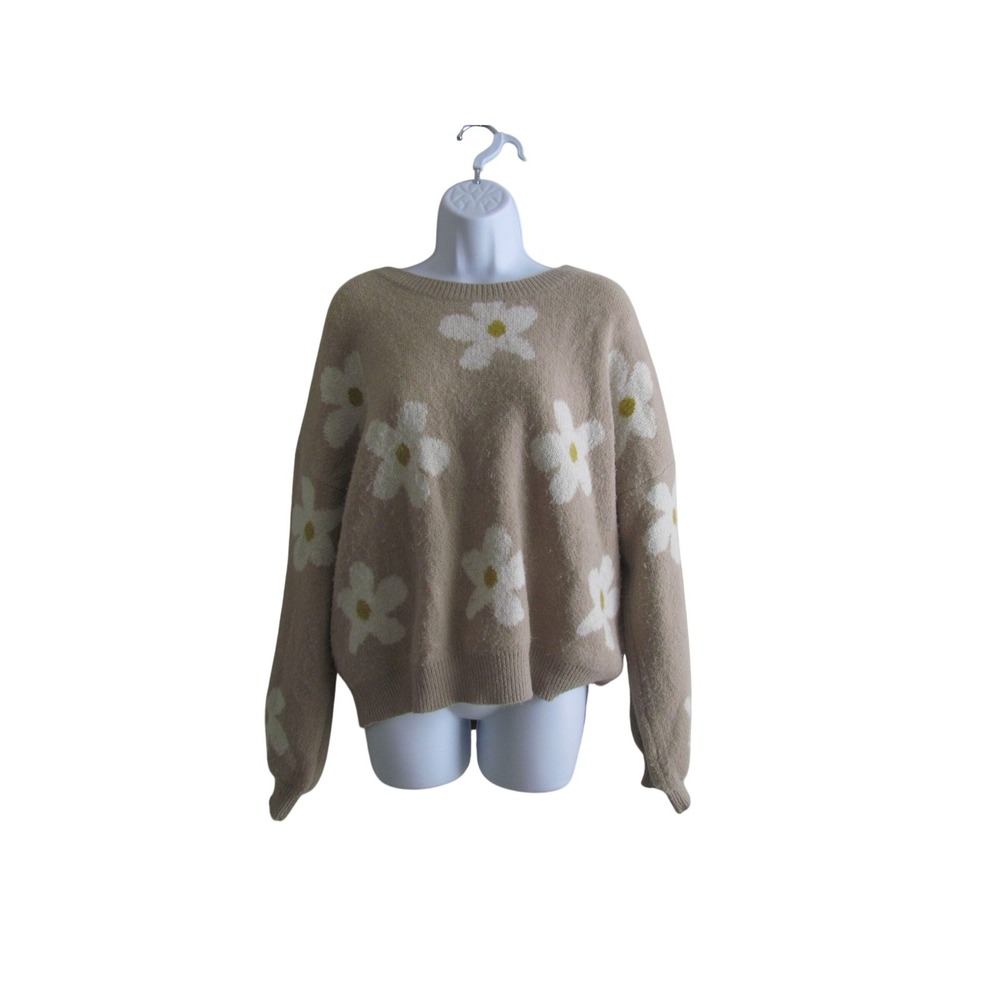 Debut Floral Daisy Knit Sweater M/L Beige Crew Neck Boho Cottagecore CA9820-B